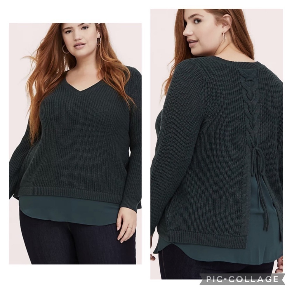 Torrid Knit V Neck Green Relaxed Tunic Sweater Sheer Bottom Tie Back Womens 1X